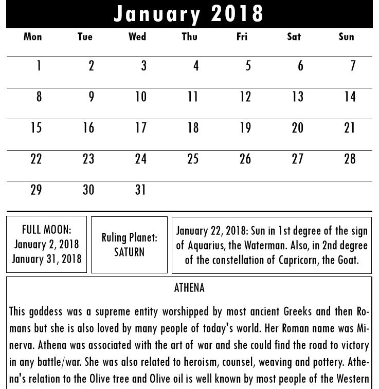 Olympian Gods Calendar 2018 - Book interior 4